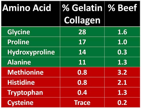 Collagen and Gelatin Are Crucial for Optimal Health Amino-acid-ratios-of-gelatin-and-collagen-versus-red-meat