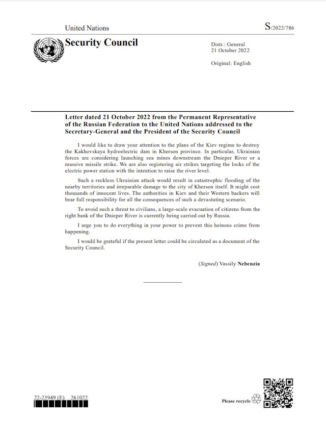 Russia Forewarned UNSC and UN Secretary General of Kiev’s Plan to Destroy the Kakhovskaya Dam Letter